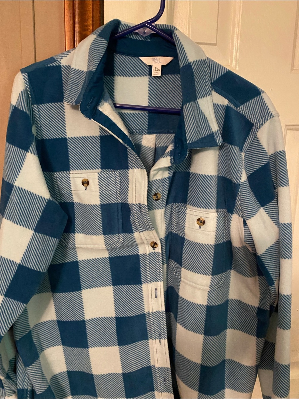Time and Tru Blue and White Plaid Utility Fleece Jacket